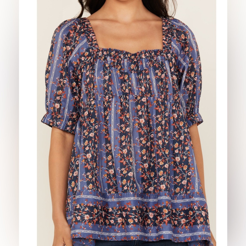 NWT Free People Vintage Lover Cotton Blouse in Dutch Blue Combo Size S Msrp $128